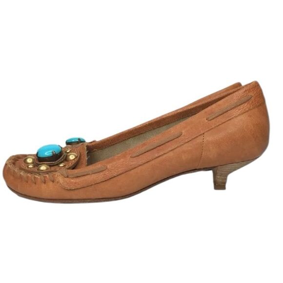 Miu Miu Womens 37 equals 6 1/2 US Brown Loafers Shoes Tan Leather Turquoise Heel - Picture 3 of 7